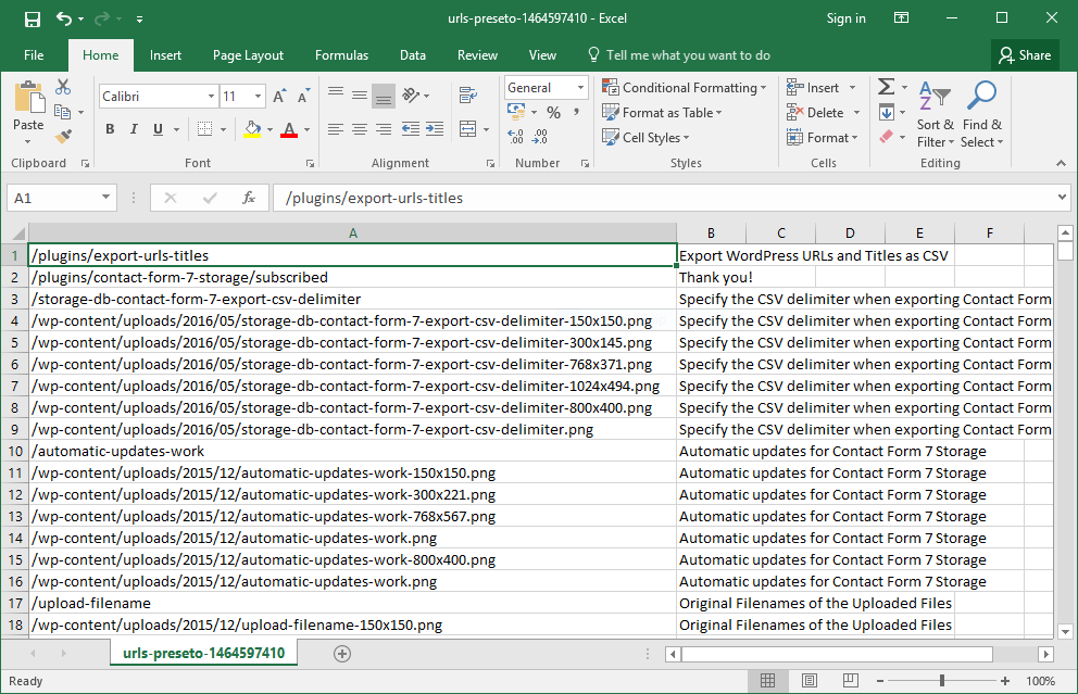 Export URLs and titles in MS Excel