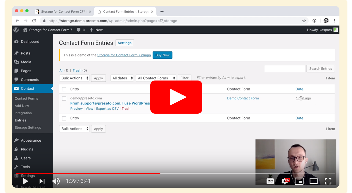 Demo video of the Storage for Contact Form 7 plugin